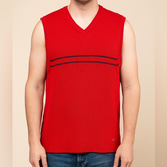 Tommy Hilfiger Red Men's 100% Cotton Ribbed Sweater Vest Size Large - Picture 1 of 6